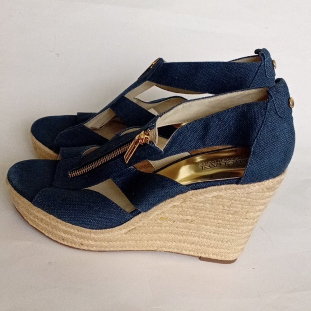 MICHAEL Michael Kors Blue Wedge Espadrille Sandals Gold Zipper Size 10M - Picture 7 of 17